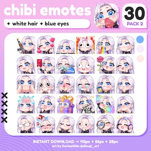 x30 Chibi Emotes | EMOTE BUNDLE 2/3 | White/Silver Hair/Blue Eyes | Twitch/Discord/YouTube/Streaming | Cute Gamer Girl Emotes