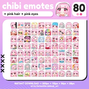 P2U Cute Chibi Pink Hair/Pink Eyes Emote MEGA PACK x80 | Emotes BUNDLE | Twitch/Discord/YouTube/Streaming | Kawaii Girl Emotes