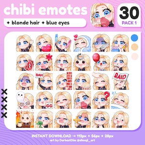 x30 Chibi Emotes | EMOTE BUNDLE 1/3 | Blonde Hair/Blue Eyes | Twitch/Discord/YouTube/Streaming | Cute Gamer Girl Emotes