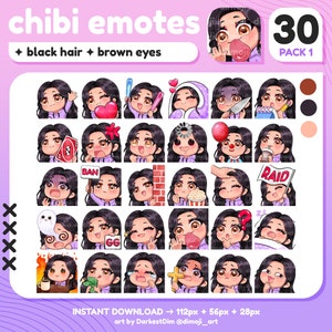 ちびエモート x30 | エモートバンドル 1/3 | 黒髪/茶色の目/褐色肌 | Twitch/Discord/YouTube/ストリーミング | かわいいゲーマーガールエモート