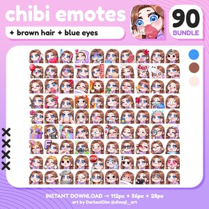 x90 Chibi Emotes | MEGA PACK/BUNDLE | Brown Hair/Blue Eyes | Twitch/Discord/YouTube/Streaming | Cute Gamer Girl Emotes