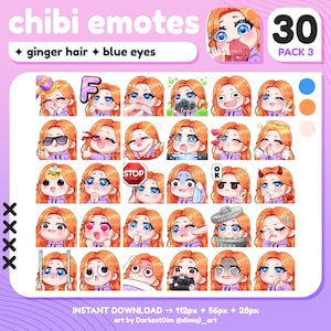 x30 Chibi Emotes | EMOTE BUNDLE 3/3 | Red/Ginger Hair/Blue Eyes | Twitch/Discord/YouTube/Streaming | Cute Gamer Girl Emotes