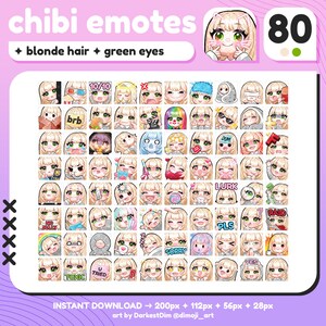 P2U Cute Chibi Blonde Hair/Green Eyes Emote MEGA PACK x80 | Emotes BUNDLE | Twitch/Discord/YouTube/Streaming | Kawaii Girl Emotes