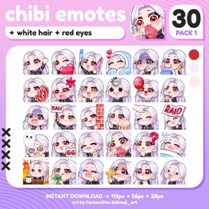 x30 Chibi Emotes | EMOTE BUNDLE 1/3 | White/Silver Hair/Red Eyes | Twitch/Discord/YouTube/Streaming | Cute Gamer Girl Emotes