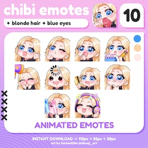10x Chibi ANIMATED EMOTES |  Blonde Hair/Blue Eyes | Twitch/Discord/YouTube | Cute Gamer Girl Emotes
