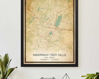 Poster con mappa vintage di Parsippany-Troy Hills, New Jersey, stampa mappa personalizzata