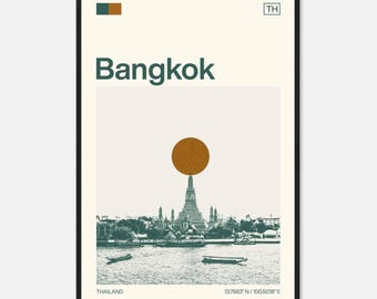 May include: A minimalist poster with a green and brown color scheme featuring a silhouette of the Wat Arun Ratchawararam Ratchawaramahawihan Buddhist temple in Bangkok, Thailand. The poster also includes the text "Bangkok", "TH", "THAILAND", and "13.75663° N / 100.5018° E".
