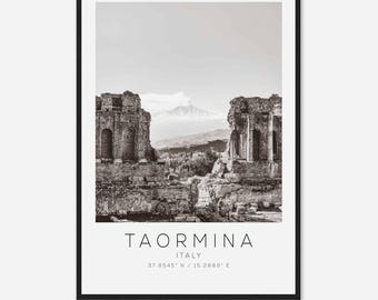 Taormina Italy Travel Photo Poster BW, Taormina Travel Print, Minimalist Travel Poster Print DS2