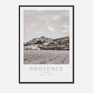 Póster fotográfico de viaje a la Provenza, Francia, blanco y negro, impresión de viaje a la Provenza, póster de viaje minimalista