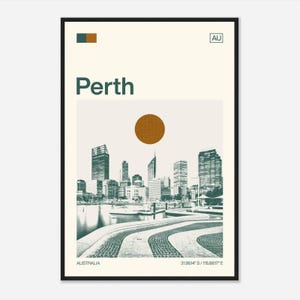 Puede incluir: Un póster minimalista con una ilustración verde y blanca del horizonte de Perth, un círculo marrón que representa el sol y el texto "Perth, AUSTRALIA, 31.9614° S / 115.8617° E, AU".