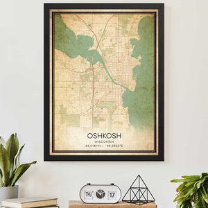 Vintage Oshkosh Wisconsin Map Print Poster Custom Map Art