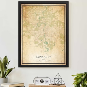 Cartaz de impressão de mapa vintage da cidade de Iowa, Iowa, arte de mapa personalizada