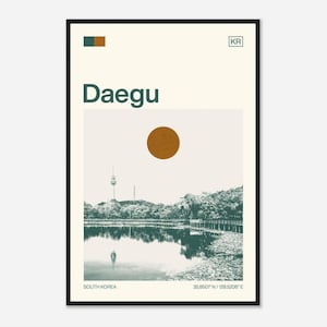 May include: A minimalist poster with a green and brown color scheme featuring a black and white photo of a lake and a tower in Daegu, South Korea. The poster also includes the text "Daegu", "South Korea", and "35.8507° N / 128.5206° E".