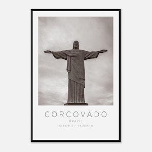 Corcovado Brazil Travel Photo Poster BW, Corcovado Travel Print, Minimalist Travel Poster Print