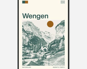 Wengen Switzerland Minimalist Monochrome Travel Photo Poster
