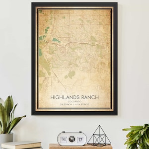 Vintage Highlands Ranch Colorado Map Print Poster Custom Map Art