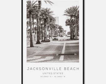Jacksonville Beach United States Travel Photo Poster BW, Jacksonville Beach Travel Print, Minimalist Travel Poster Print