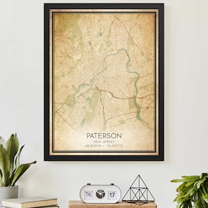 Plakat z mapą Paterson New Jersey Vintage Print Custom Map Art