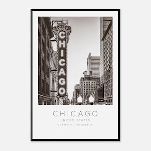 Poster fotografico di viaggio di Chicago, Stati Uniti, BW, stampa di viaggio di Chicago, stampa di poster di viaggio minimalista