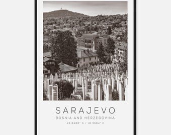 Póster fotográfico de viaje a Sarajevo, Bosnia y Herzegovina, blanco y negro, impresión de viaje a Sarajevo, póster de viaje minimalista