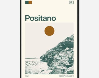 May include: A minimalist poster with a green and white image of Positano, Italy. The poster features a large, orange sun and the text "Positano" in a bold, sans-serif font. The coordinates 40.6296° N / 14.4823° E are printed at the bottom of the poster.