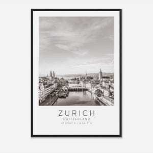Póster fotográfico de viaje a Zúrich, Suiza, blanco y negro, impresión de viaje a Zúrich, impresión de póster de viaje minimalista
