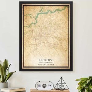 Vintage Hickory North Carolina Map Print Poster Custom Map Art