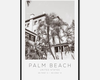 パームビーチ米国旅行写真ポスター白黒、パームビーチ旅行プリント、ミニマリスト旅行ポスタープリント