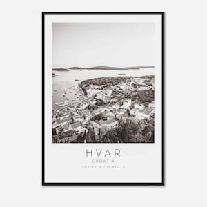 Póster fotográfico de viaje a Hvar, Croacia, blanco y negro, impresión de viaje a Hvar, póster de viaje minimalista