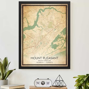 Cartaz de impressão de mapa vintage de Mount Pleasant, Carolina do Sul, arte de mapa personalizada