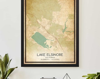 Vintage Lake Elsinore California Map Print Poster Custom Map Art