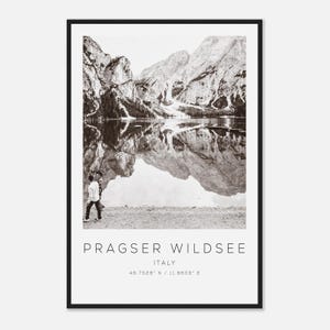 Pragser Wildsee Italy Travel Photo Poster BW, Pragser Wildsee Travel Print, Minimalist Travel Poster Print
