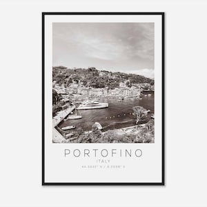 Póster fotográfico de viaje de Portofino, Italia, blanco y negro, impresión de viaje de Portofino, impresión de póster de viaje minimalista