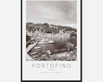 Portofino Italy Travel Photo Poster BW, Portofino Travel Print, Minimalist Travel Poster Print