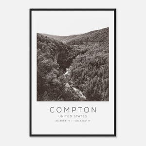 Póster fotográfico de viaje de Compton, Estados Unidos, blanco y negro, impresión de viaje de Compton, impresión de póster de viaje minimalista