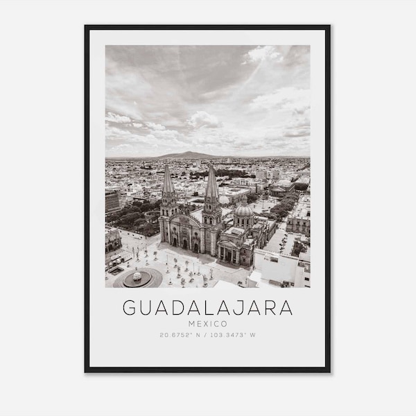 Resefotoposter för Guadalajara Mexiko svartvit, resetryck för Guadalajara, minimalistisk reseaffisch