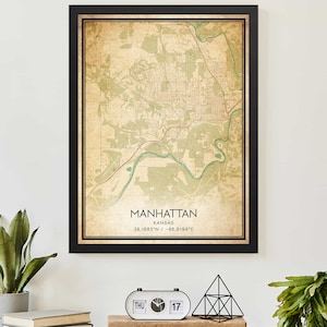 Vintage Manhattan Kansas Map Print Poster Custom Map Art