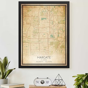 Vintage Margate Florida kaart afdrukken Poster aangepaste kaart kunst