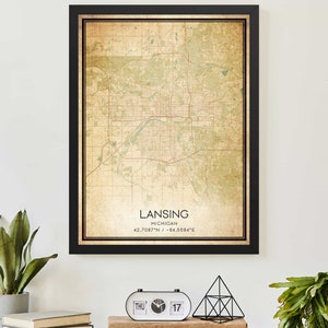 Vintage Lansing Michigan Map Print Poster Custom Map Art