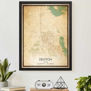 Vintage Denton Texas Map Print Poster Custom Map Art