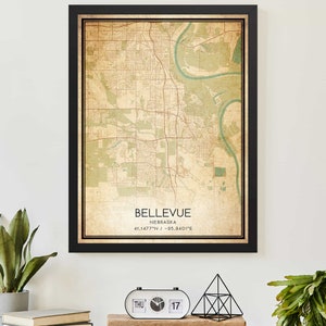 Vintage Bellevue Nebraska Map Print Poster Custom Map Art