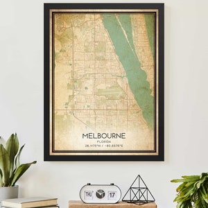 Vintage Melbourne Florida kaart afdrukken Poster aangepaste kaart kunst