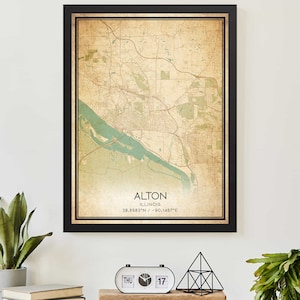Affiche vintage imprimée de carte d'Alton Illinois, carte personnalisée artistique