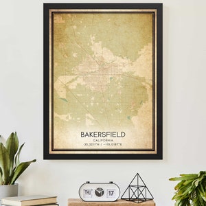 Vintage Bakersfield California Map Print Poster Custom Map Art