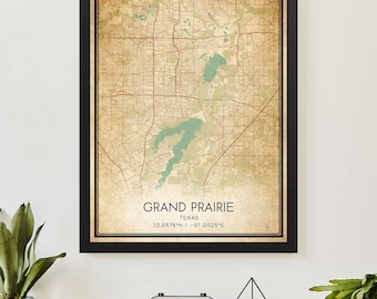 Póster con impresión de mapa vintage de Grand Prairie, Texas, arte de mapa personalizado