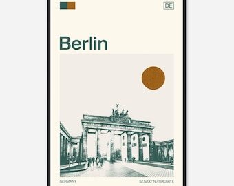May include: A minimalist poster with a green and brown color scheme featuring a black and white image of the Brandenburg Gate in Berlin, Germany. The poster includes the text "Berlin", "Germany", "DE", and "52.5200° N / 13.4050° E".