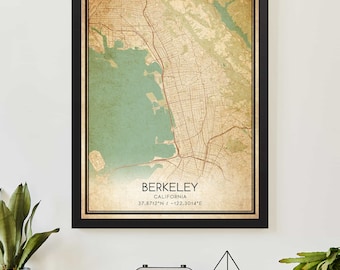 Vintage Berkeley California Map Print Poster Custom Map Art