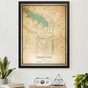 Vintage Grapevine Texas Map Print Poster Custom Map Art