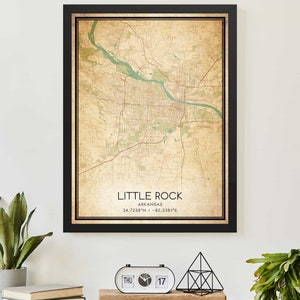 Affiche vintage imprimée de carte de Little Rock, Arkansas, carte personnalisée
