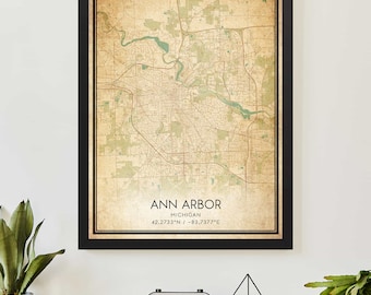 Vintage Ann Arbor Michigan Map Print Poster Custom Map Art